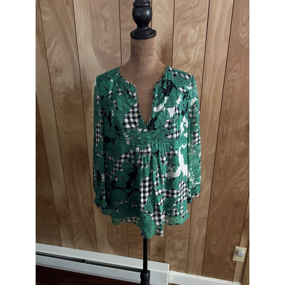 Diane Von Furstenberg 100% Silk Blouse Size 4 Toile Crayon Green Black $298